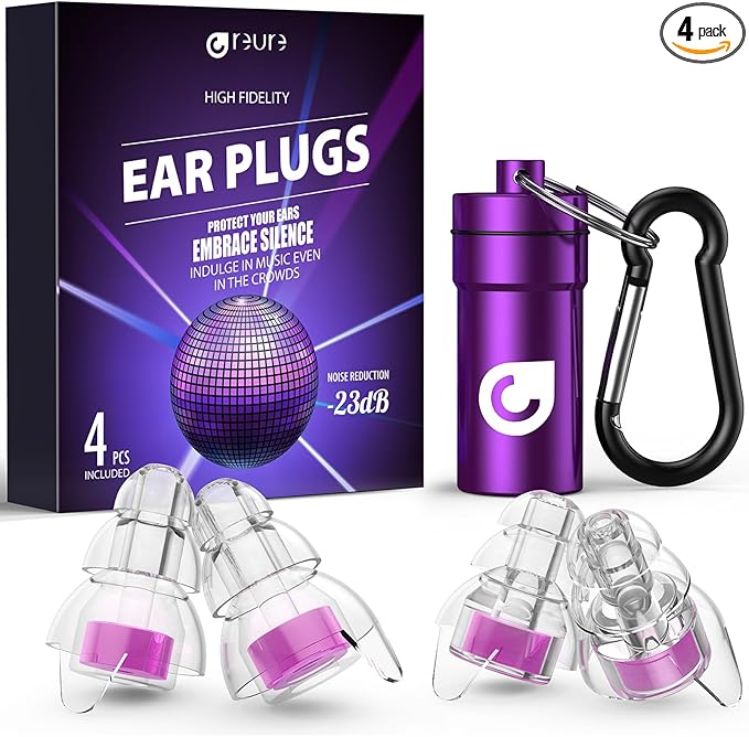 Reure High Fidelity Concert Ear Plugs, Noise Cancelling Silicone Ear Plugs 2 Pairs Great for Concerts Loud Music, Musicians, Motorcycles, Airplanes, Raves, Hearing Protection -23 dB