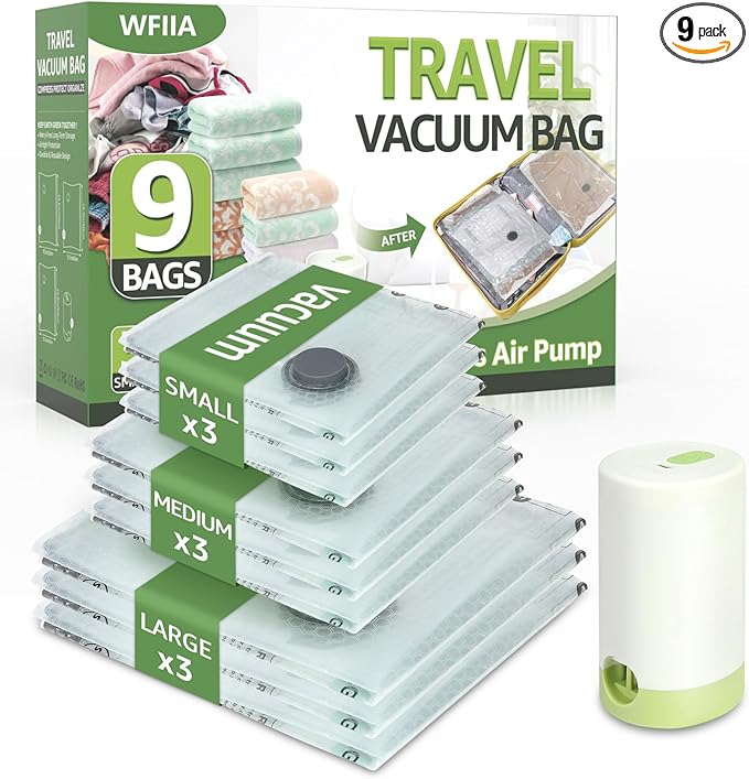 9 Packs Vacuum Bags for Travel with Rechargeable air Pump, 3 Sizes Vacuum Seal Bags for Clothing, Space-Saving Compression Storage Bags for Travel & Closet Organization