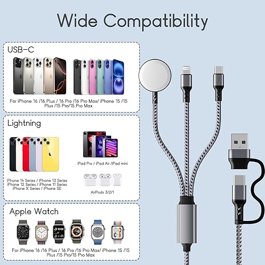 3-in-1 USB C Travel Charging Cable for Apple Watch, iPhone, Lightning Devices, Multi Device Charger Cord for Office, Camping