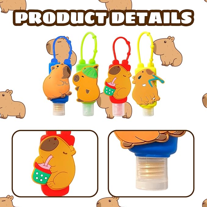 CZFSWT 4 Pcs Hand Sanitizer Keychain, Capybara Hand Sanitizer Holder Keychain, Keychain Hand Sanitizer, Travel Portable Leak Proof Hanging Bottle, Suitable for Refillable School Commuting Containers