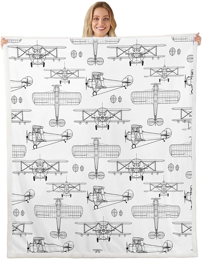 Airplane Kids Throw Blanket,Hand-Painted Sketch American Aircraft Bed Blanket for Girls Boys Adults,Air Vehicles Cartoon Fleece Blanket,Black White Fuzzy Blanket,Twin Size (60 x 80 Inches)