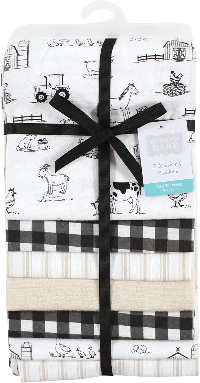 Hudson Baby Unisex Baby Cotton Flannel Receiving Blankets Bundle, Neutral Farm, One Size (Pack of 2)