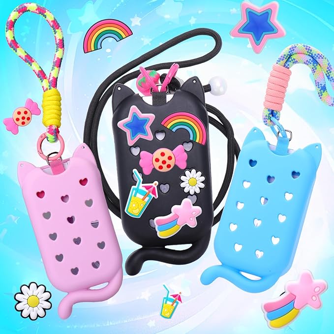 Juome Hand Sanitizer Spray Case for Touchland with Adjustable Keychain Lanyard & Charms, Cat Silicone Protective Holder for Touch Land Mist Case 1FL. OZ, Travel Cover Sleeve Accessory - Black
