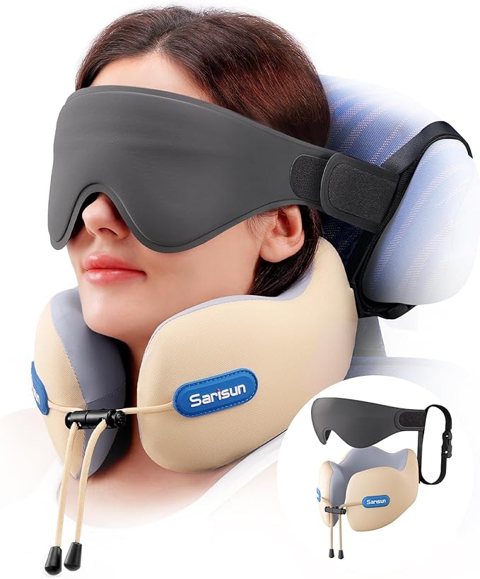 SARISUN Neck Pillow Airplane,Travel Pillow with Strap, Combo with 3D Eye Mask for Sleep, Dual-Density Supportive Foam Airplane Pillow for Long Flights, Car Road Trip Travel Essentials Beige