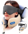 SARISUN Neck Pillow Airplane,Travel Pillow with Strap, Combo with 3D Eye Mask for Sleep, Dual-Density Supportive Foam Airplane Pillow for Long Flights, Car Road Trip Travel Essentials Beige