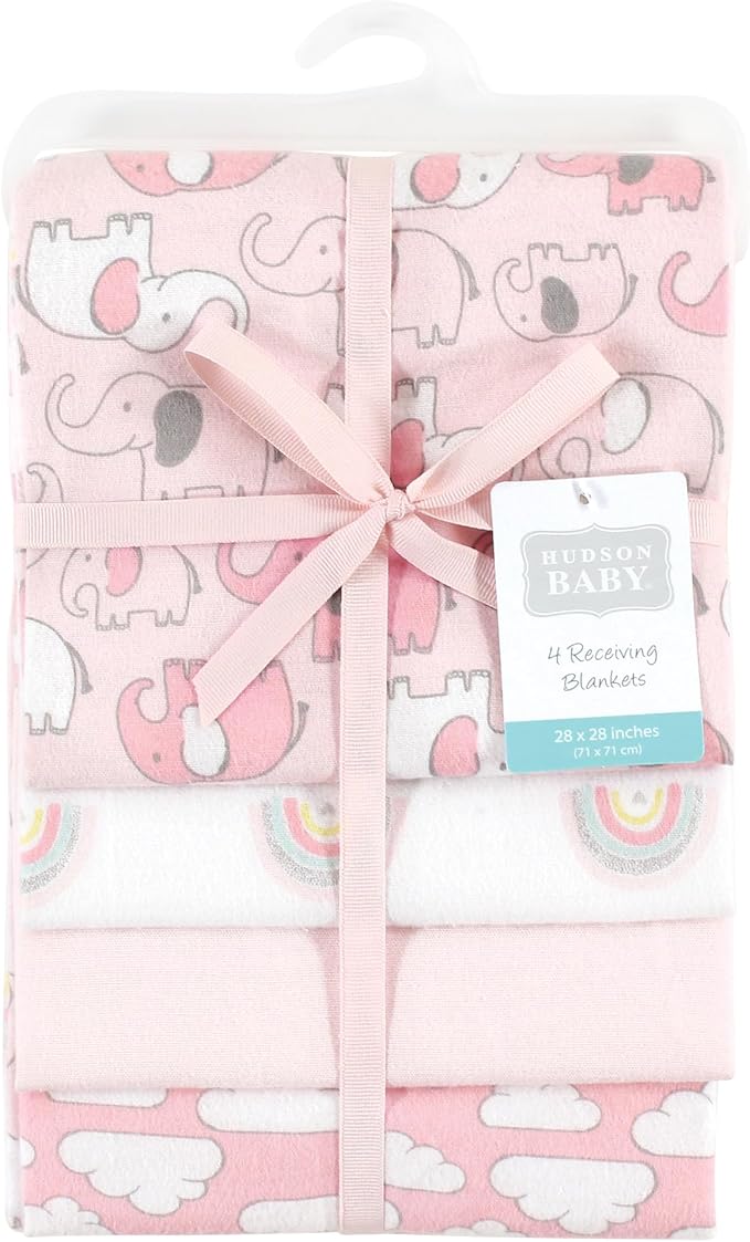 Hudson Baby Unisex Baby Cotton Flannel Receiving Blankets, Girl New Elephant, One Size