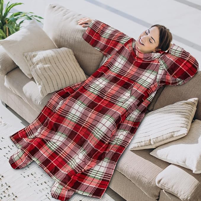 PAVILIA Fleece Blanket with Sleeves, Foot Pockets for Women Men Adults, Plush Wearable Blanket Throw Wrap, Warm Snuggle Blanket Robe, Cozy Gift Ideas Wife Mom, Christmas Plaid