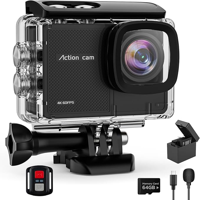 4K60FPS Action Camara Waterproof with 64G Crad- 40M Underwater Camera 170°Angle 48MP Sports Camera with 2.4G Remote Control 2 Batteries Helmet Mount Accessories Kits