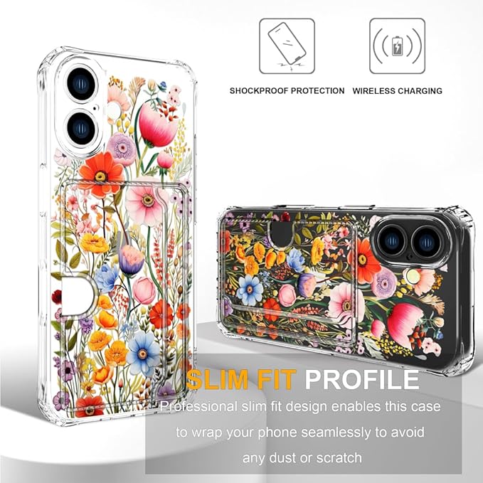 Compatible with iPhone 16 Case Card Holder for Women Cute Design,Wallet Phone Cases Transparent Cool Kawaii Protective (Clear Flowers Lily Girly Florals)