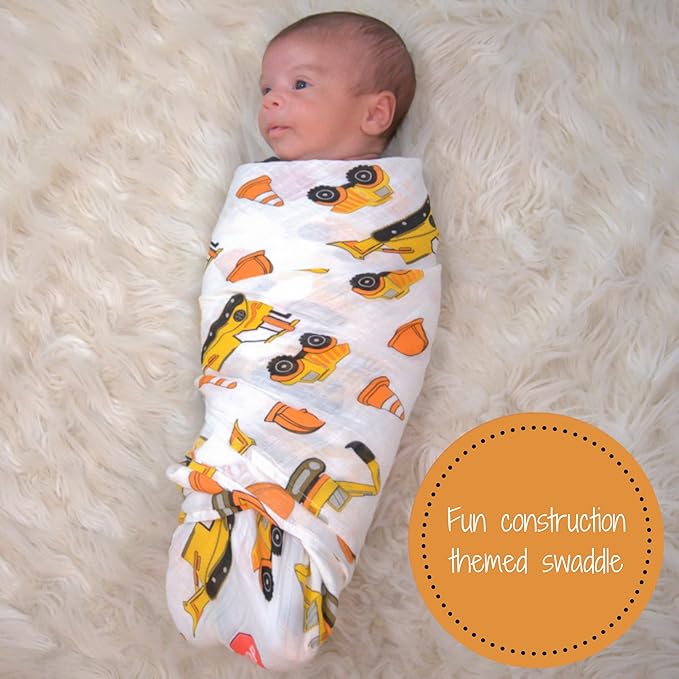 LollyBanks Muslin Swaddle Blanket, 100% Muslin Cotton Baby Blankets for Boys, 47 X 47 Inches Newborn Receiving Blanket, Swaddles for Newborns Baby Boy, Registry (Fun Construction Theme Print)