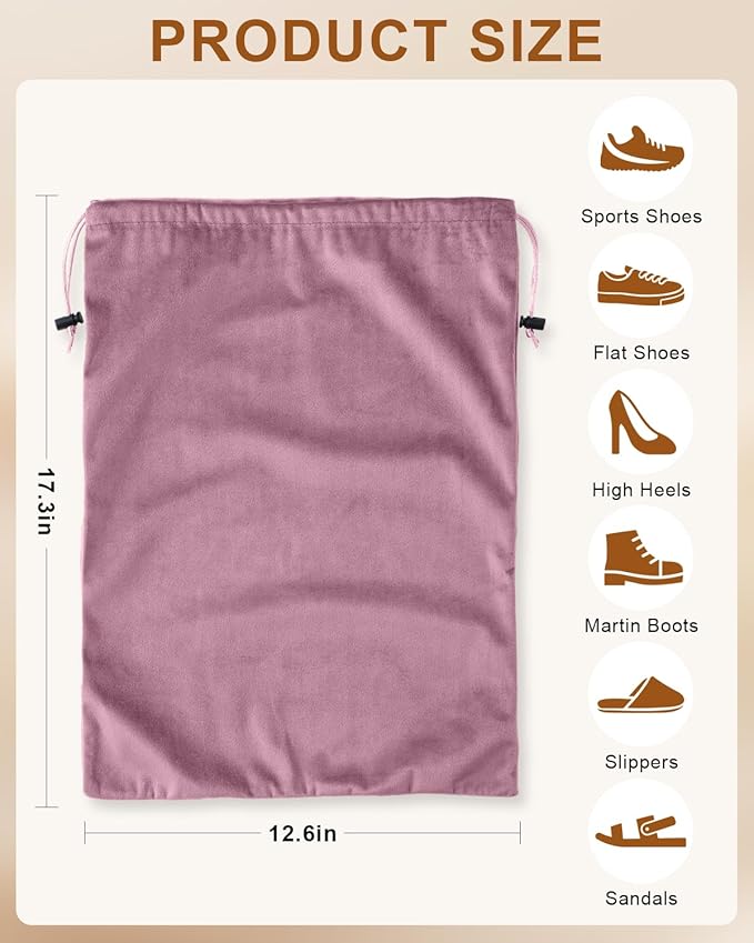 FantasyLife Shoe Bags for Travel, Washable Dust Bags for Storage & Packing, Flannel Shoe Pouch with Drawstring Closure for Purses, Handbags, Shoes & Toys (4, Parfait Pink, 17.3"x12.6")