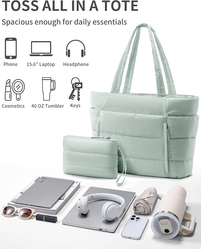 Bagstellar Puffer Tote Bag for Women, Lightweight Puffy Work Handbag Teacher Nurse Quilted Shoulder Bag for School Travel Gym | Cloud Bag w/ Zipper, Daily College Bags, 15.6" Computer Bag, Clinical Nursing Bag, 40 OZ Tumbler Holder, Ideal Gift for Women