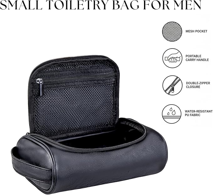 Mens Toiletry Bag, Compact Dopp Kit for Men Travel, PU Leather Shaving Kit, Water-Resistant Minimalist Organizer with Wrist Strap, Travel Toiletry Bag, Gift for Men,Small 9X5.9X3 Inch Black