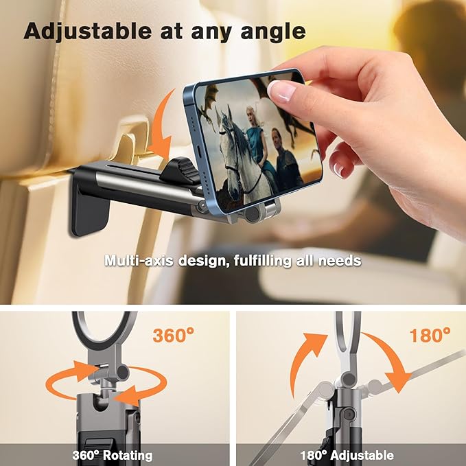 Airplane Phone Holder Travel Essentials for Men Women,Metal Magnetic Plane Phone Holder,360° Rotation Foldable Cell Phone Stand for Desk Tray Table,Travel Size Gadgets Flying Cruise Must Haves