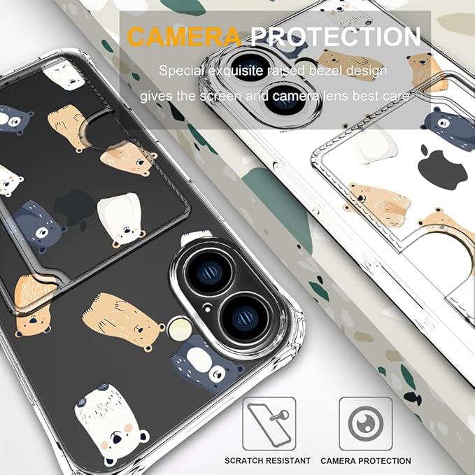Compatible with iPhone 16 Case Card Holder for Women Cute Design,Wallet Phone Cases Transparent Cool Kawaii Protective (Clear Lovely Bears Funny)