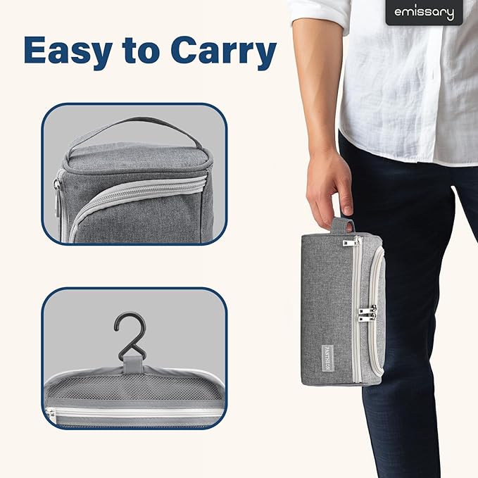 emissary Hanging Travel Toiletry Bag for Men and Women, Shower bag for Toiletries, Dopp Kit for Men, Travel Bathroom Bag, Mens Hanging Toiletry Organizer (Gray)