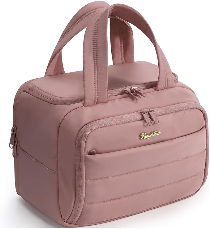 Bagstellar Travel Toiletry Bag for Women, Lightweight Large Quilted Puffy Makeup Bag Wide-open Make up Organizer Cloud Cosmetic Bag w/Handle for Traveling, Toiletries Essentials Accessories Dark Pink