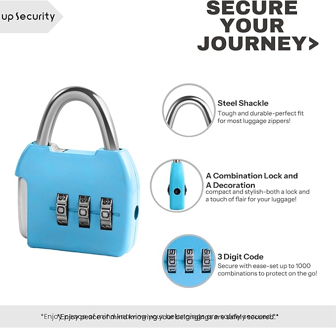 Small Combination Padlock, 3 Digit Combination Zipper Lock, Travel Safe Code Lock, Mini Combo Suitcase Locks for Luggage, Backpack, Bag, Box, Diary, Locker (Blue+Blue, 2-Pack)