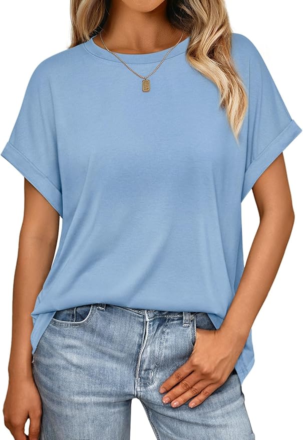 AUTOMET Women's Oversized Short Sleeve T Shirts Casual Drop Shoulder Rolled Cuff Summer Tops for Work, Travel and Lounge