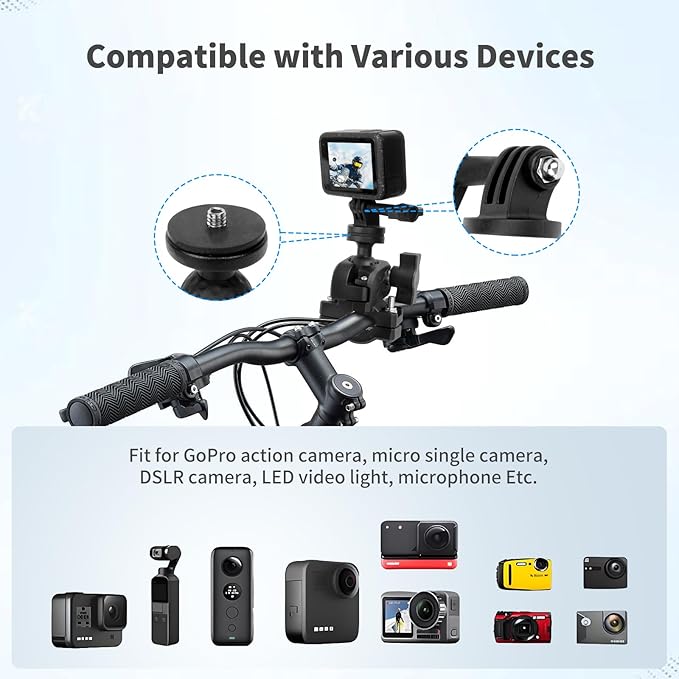 Bike Motorcycle Camera Mount Bundle Kit, 1/4 Screw & Tripod Mount Adapter, 360°Rotating Ball Head Base -Ballhead Arm Super Mounting Clamp for Most Action Camera, Clamp(0.86"-1.26“) 75016
