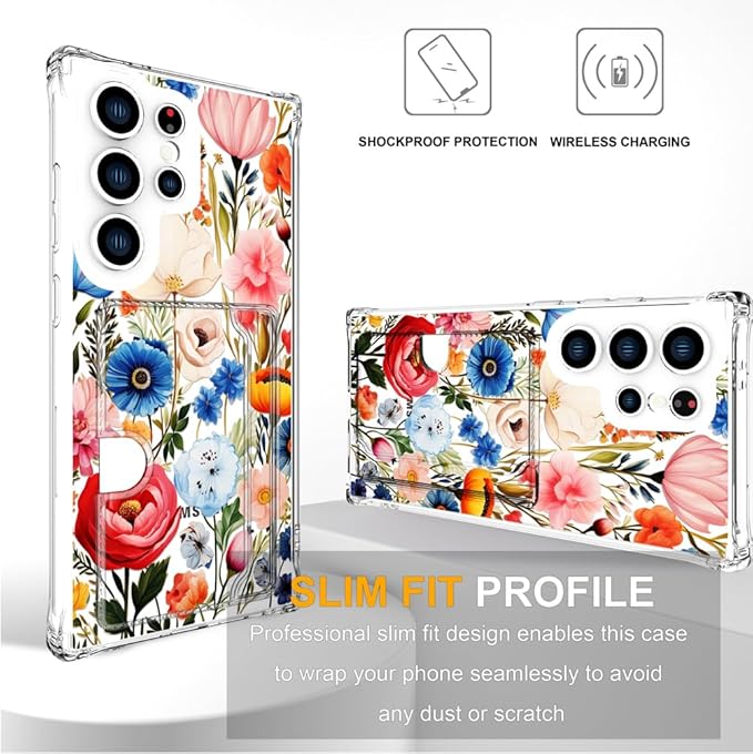 Compatible with Samsung Galaxy S24 Ultra Case Card Holder for Women Cute Design,Wallet Phone Cases Transparent Cool Kawaii Protective (Clear Flower Art Rose Peony)
