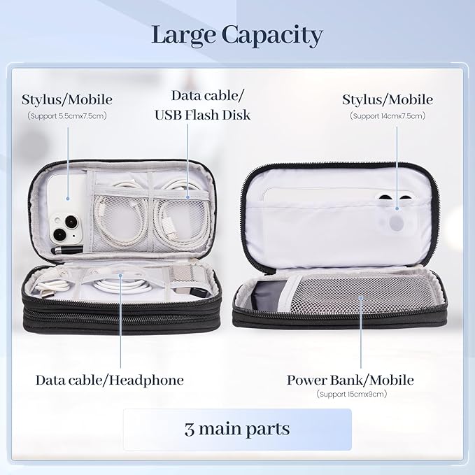 BLEUM CADE Electronics Organizer Travel Case Waterproof Shockproof Cable Organizer Bag with Double Layers for Phones, Chargers, Cords, Portable Durable Travel Accessory Black Medium