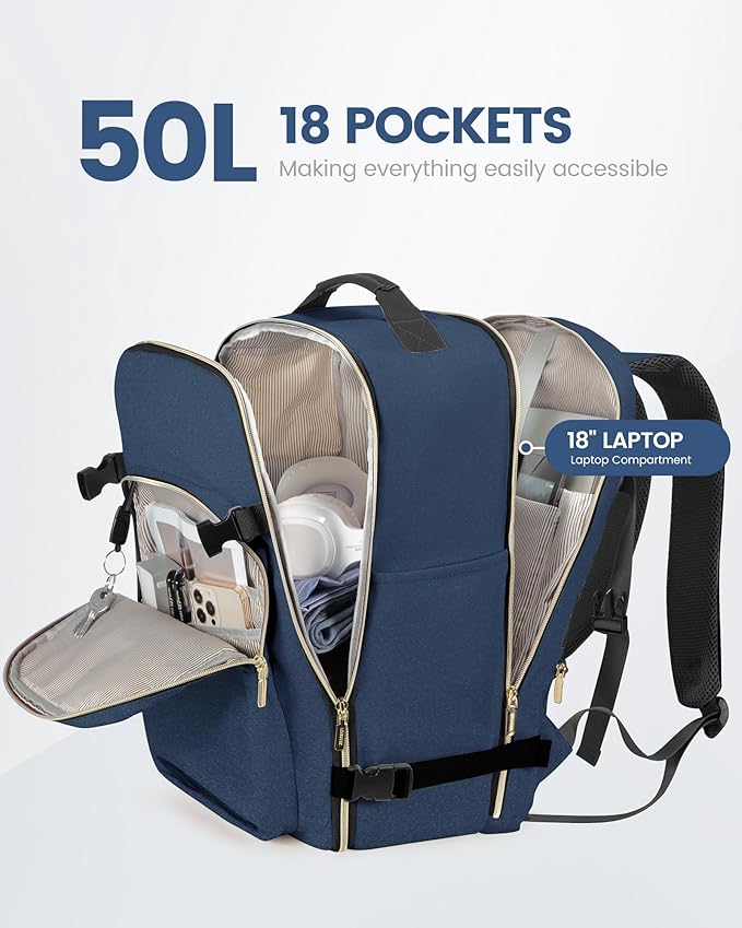 LOVEVOOK Travel Backpack for Women & Men 50L,Airline Approved Carry On Backpack Travel Essentials,TSA Carry on Luggage,Waterproof Personal Item Travel Bag,Suitcase with 3 Packing Cube,Blue green-Black
