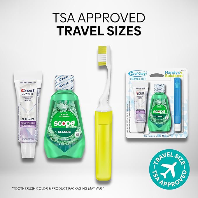 Handy Solutions Oral Care 3-Piece Trial Size Set w/Mouthwash, Whitening Toothpaste, & Travel Toothbrush (Pack of 6), TSA Approved