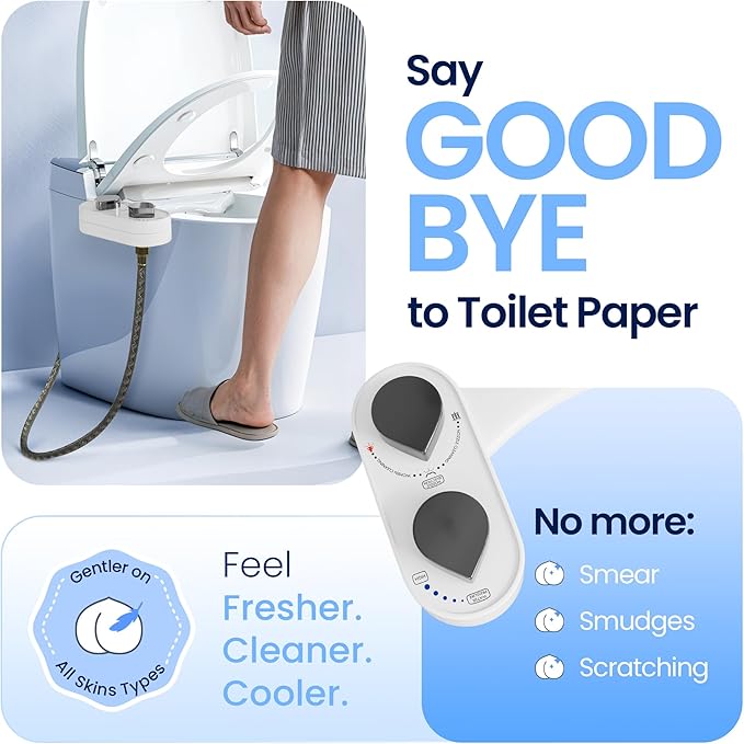 CLEAR REAR Bidet Attachment for Toilet Seat - Non-Electric with Self Cleaning Nozzles, Leak Proof Connectors, Adjustable Water Spray, Rear & Feminine Wash - Hygienic Bathroom Upgrades (White)