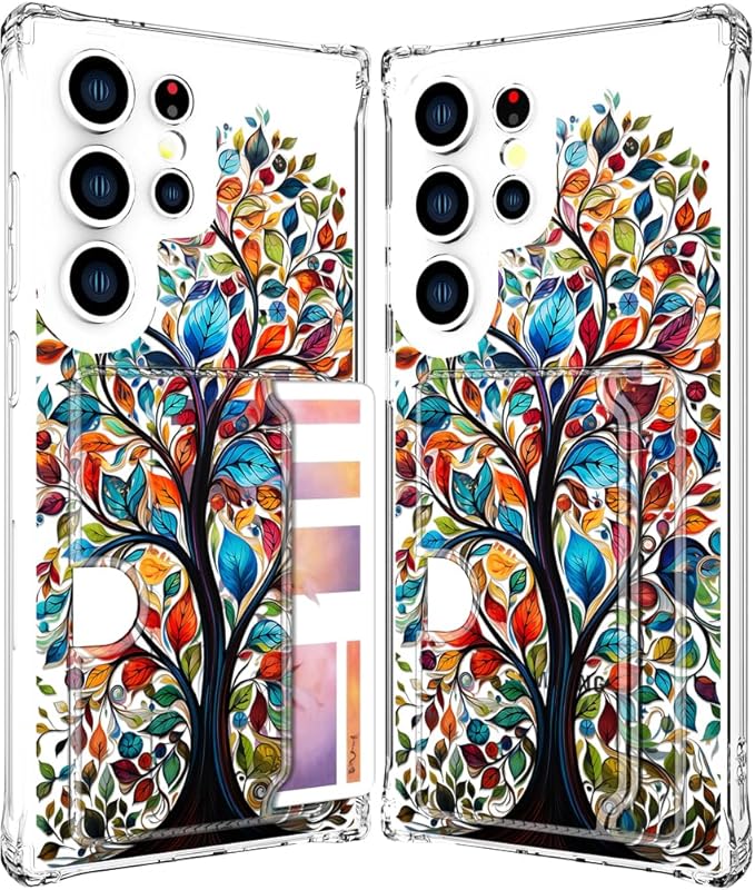 Compatible with Samsung Galaxy S24 Ultra Case Card Holder for Women Cute Design,Wallet Phone Cases Transparent Cool Kawaii Protective (Clear Tree Colorful Leaves)