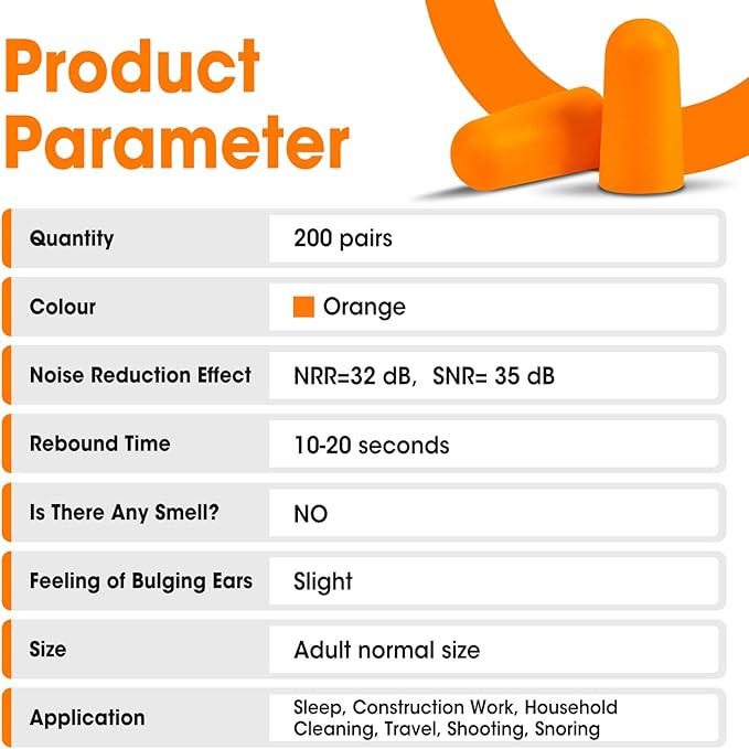 AZEN 200 Pairs Ear Plugs, NRR 32dB Soft Foam Ear Plugs for Sleeping Noise Cancelling, Earplugs for Concerts Shooting Swimming Noise Reduction,Individually Wrapped (Orange)