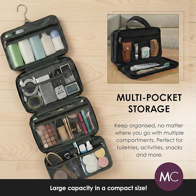 Travel Toiletry Bag for Men & Women, Large Capacity Makeup Organizer & Cosmetic Bag, Water-Resistant Portable Essentials Case with Metal Hook & Carry Handle - Perfect for Travel Use (Black, Large)