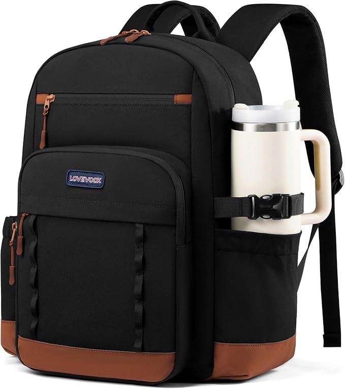 LOVEVOOK Laptop Backpack for Women with Stanley Cup Holder,17 Inch DIY Design Travel Work Backpack Computer Laptop Bag,Waterproof Nurse Teacher College Backpack Purse,Gifts for Women Men, Brown-Black
