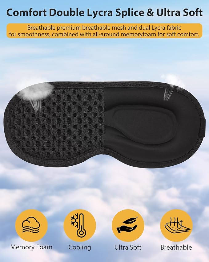 Sleep Mask with 3D Contoured Cup for Men Women, Eye Mask for Sleeping, Soft Breathable Sleeping Mask with Adjustable Elastic Strap for Travel Flight Nap (Black)