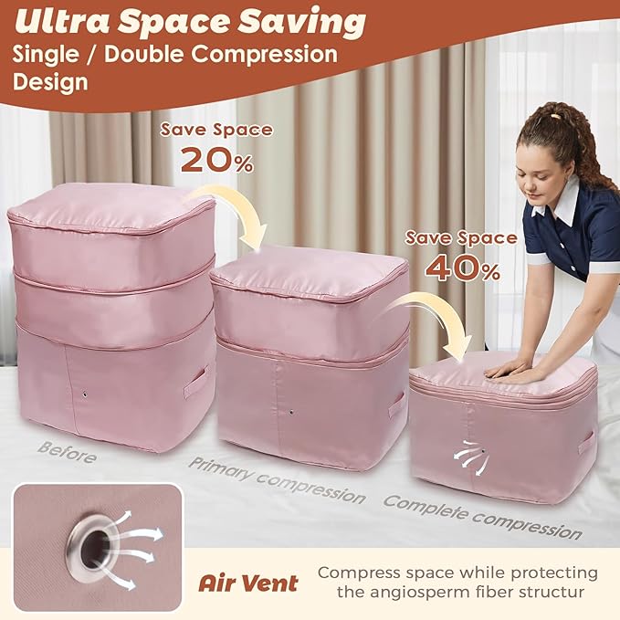 Ultra Space Saving Self Compression Organizers, 4 Pack Double Zipper Compression Packing Cubes for Bedding, Comforter Storage Bag for Blankets Duvet Quilts Pillows Queen King (Gray & Pink X-Large)