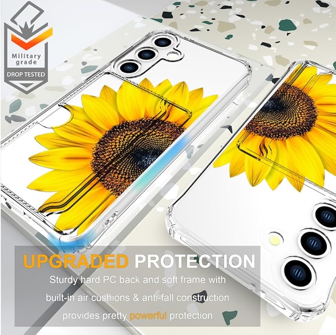 Compatible with Samsung Galaxy S24+ Plus / S25+ Plus Case Card Holder for Women Cute Design,Wallet Phone Cases Transparent Cool Kawaii Protective (Clear Sunflower Sun Flower)