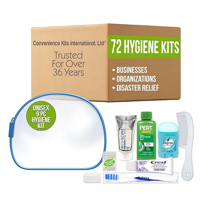 Convenience Kits International Unisex 9 Piece Hygiene Travel Kit with 2-in-1 Shampoo, Degree Deodorant, Crest Toothpaste, Body Wash, Comb, TSA Compliant Toiletry Bag (72 Kits)