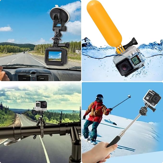 Accessories Kit for Action Camera, Handheld Selfie Stick + Suction Cup Mount + Floating Handle Grip + Flexible Octopus Tripod, Universal Action Camera Bundle for Recording VLOG/POV
