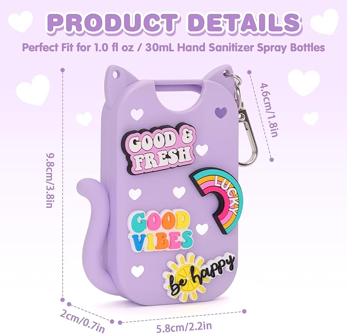Silicone Case Holder Compatible with Hand Sanitizer Spray Touchland 1 fl oz, Cute Cat Ear Protective Case with Keychain & 4 Decorative Charms (Purple, 1P)