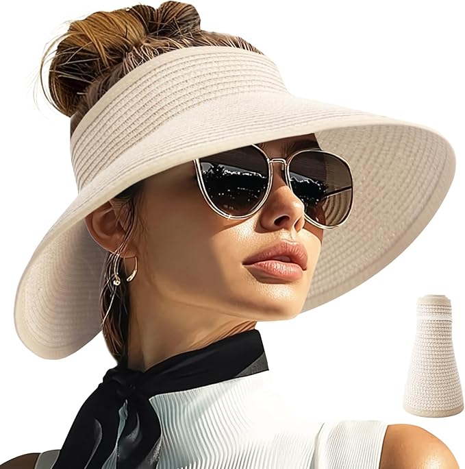 PFFY Sun Visors Hats for Women Wide Brim Straw Visor Packable Foldable Ponytail Travel Beach Hat Vacation Essentials