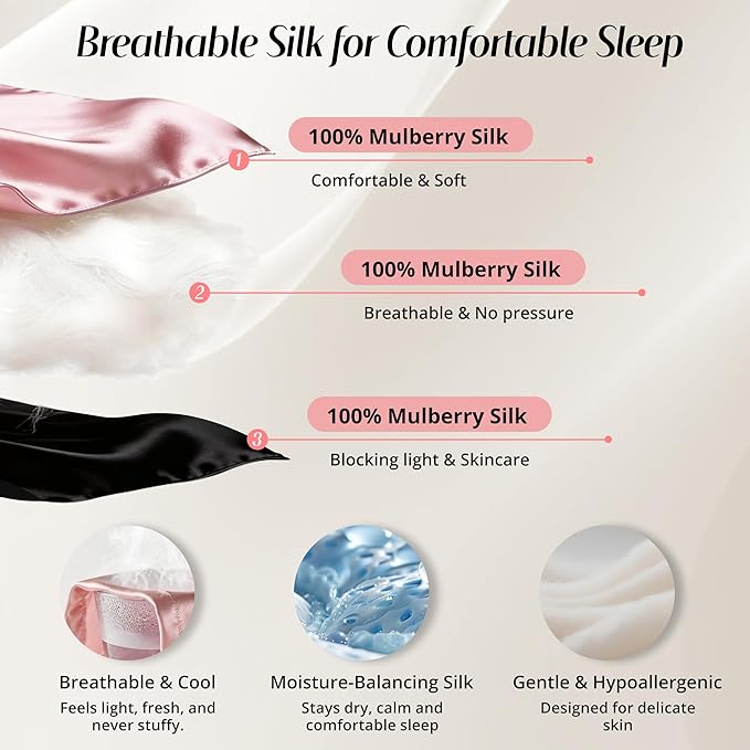 Silk Sleep Mask for Women: 100% Mulberry Silk Eye Mask, Black Back Sleeping Mask for Light Blocking, Soft Wavy Edge Eye Cover and Adjustable Strap, Travel & Sleep Gift (Pink)