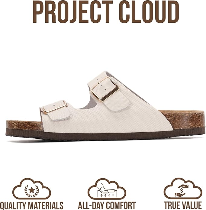 Project Cloud 100% Genuine Leather Flat Sandals For Women 2026 Cork Footbed Womens Sandals with Memory Foam and arch support Vacation Essentials Slides for Women Footwear (Venita)