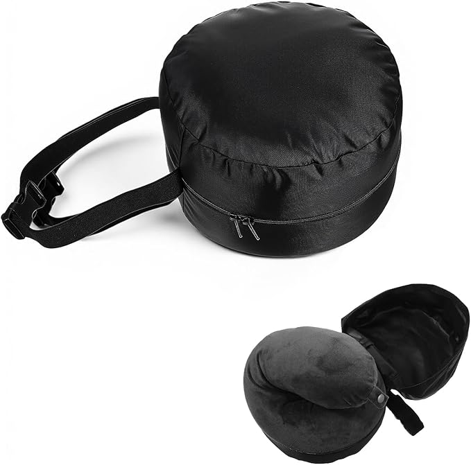 Neck Pillow Bag, Compresses Neck Pillow Case with Zipper, Quick Release Clasp Attaches to Luggage for Travel, Journey Airplane Train, Pillows Not Included, Black