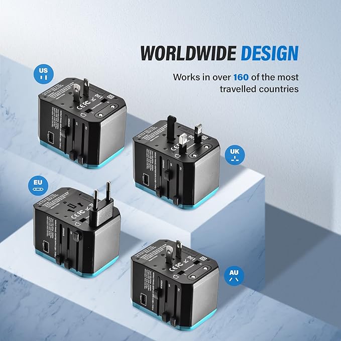 Universal Travel Adapter for Europe and International Travel from USA, Type C EU/Type G UK/Type I AU/Type A US, 1 AC Outlet, 1 USB-C and 4 USB-A Ports, Unidapt Travel Plug Adapter