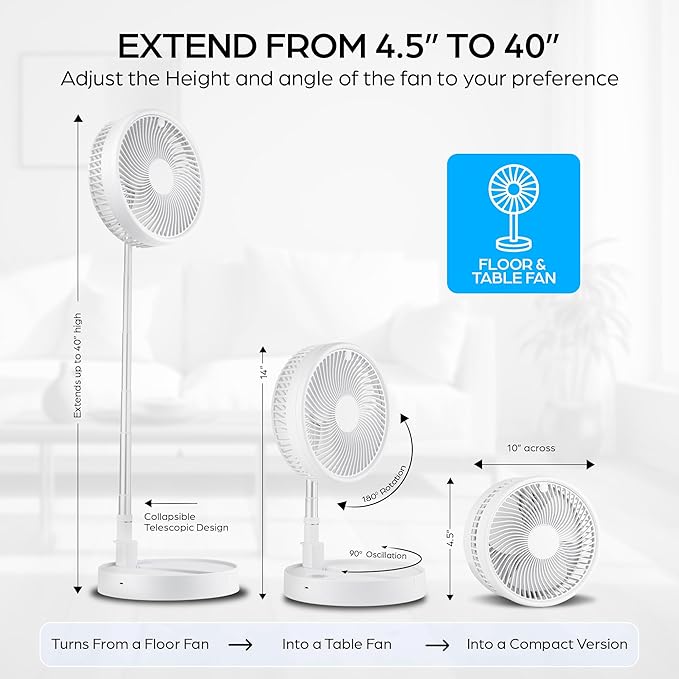 MyFoldaway Portable Fan for Travel, USB Rechargeable Cordless Portable Fans for Desk, Home, Camping, Sleeping, Lightweight Compact & Foldable Travel Fan, Pedestal Extends from 4-40”, Quiet, 3 Speeds