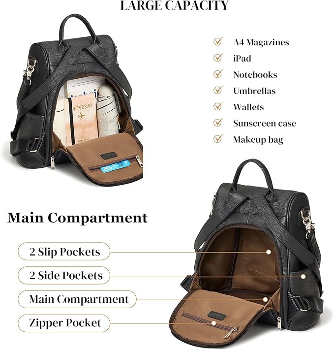 Leather Backpack Purses, Anti-theft Genuine Leather Backpack Bags for Women, Large Capcacity Fashion Convertible Shouler Bags for School Travel Daily