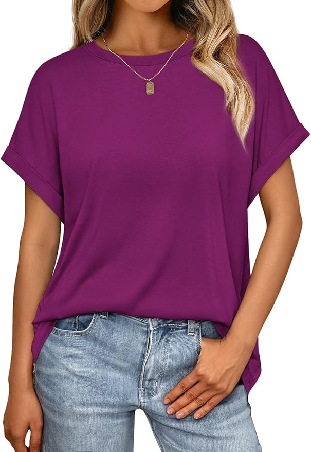 AUTOMET Women's Oversized Short Sleeve T Shirts Casual Drop Shoulder Rolled Cuff Summer Tops for Work, Travel and Lounge
