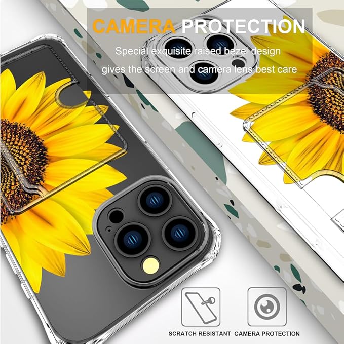 Compatible with iPhone 16 Pro Case Card Holder for Women Cute Design,Wallet Phone Cases Transparent Cool Kawaii Protective (Clear Sunflower Sun Flower)