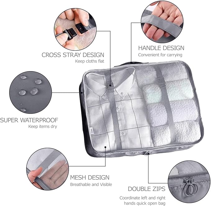 LANSKLBD 8 Set Packing Cubes for Suitcases Travel Luggage Packing Organizers,Travel Essentials Accessories Luggage Organizer with Shoe Bag Tioletry/Laundry Bag（Grey）