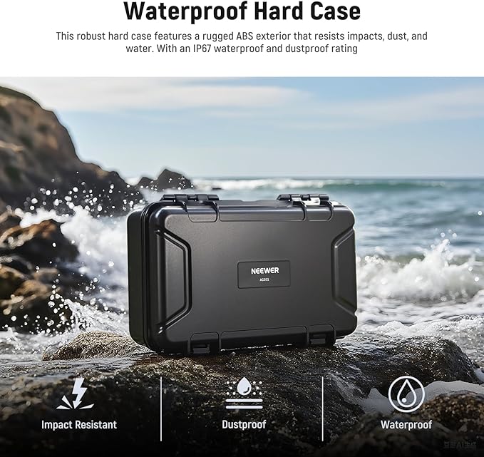 NEEWER Hard Case Compatible with DJI Osmo Action 5 Pro / 4/3 Camera, IP67 Waterproof Dustproof Shockproof Portable Travel Storage Case with Custom Foam Inserts & 12 Slots for Accessories, AC031